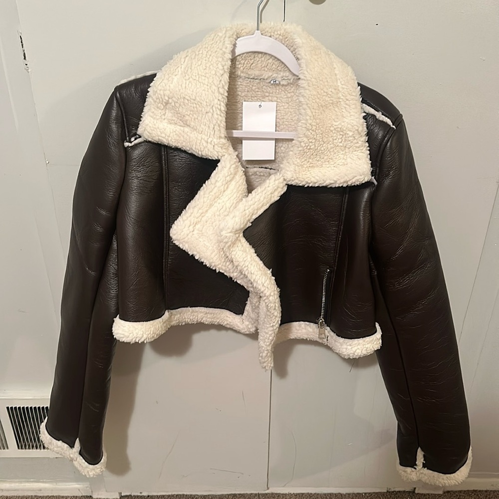 Faux leather w/ Sherling collar and sleeves